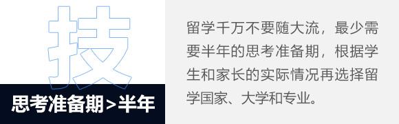 大于半年思考准备期,如果学生或家长没有认真思考过留学的事，千万不要随大流，或是出于一些非出国学习的心态去准备留学。这种意识最少需要半年或者一年的思考准备期，再根据学生和家长的实际情况再选择留学国家、大学和专业。我们常说三思而后行，留学是件需要慎重的事。